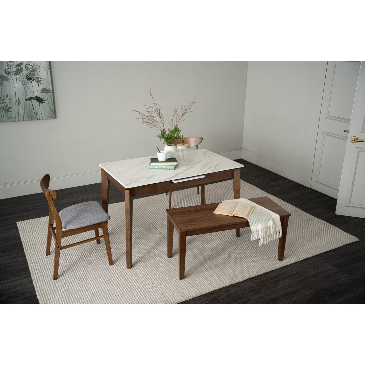 FOLTO Extendable Dining Table - Cocoa Leg, White Marble Grain Top (1200 + 300L)