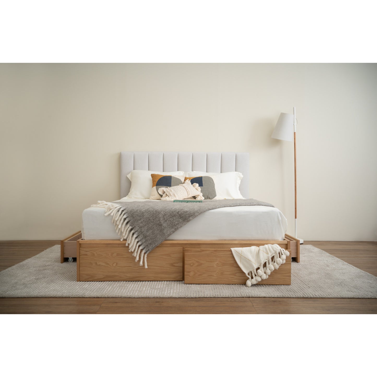 MOLA Bedframe With Storage - Natural, Grey (Queen Size)(Pets Friendly Fabric)