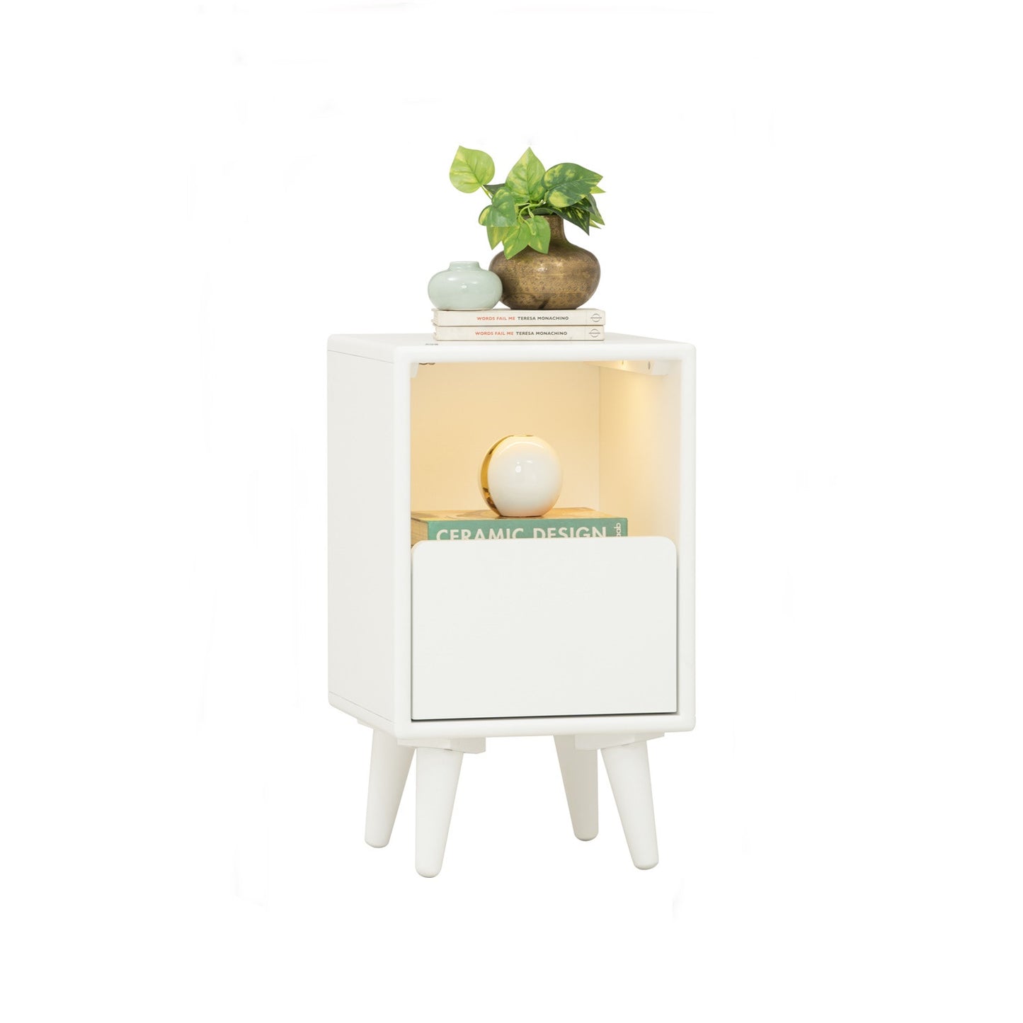YARA Bed Side Table - White (With 1 Drawer + LED Light)