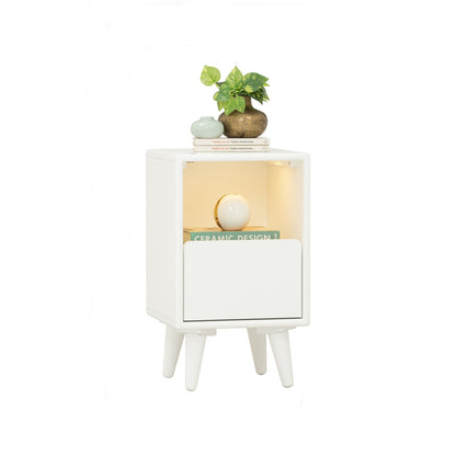 YARA Bed Side Table - White (With 1 Drawer + LED Light)