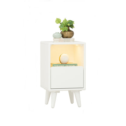 YARA Bed Side Table - White (With 1 Drawer + LED Light)
