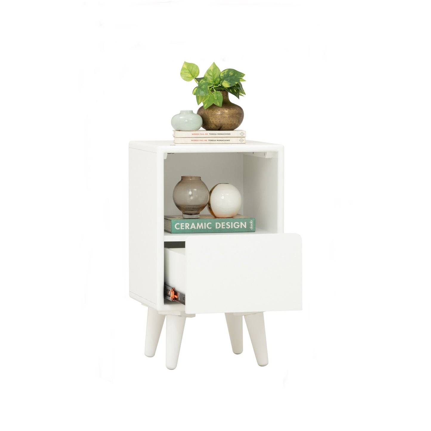 YARA Bed Side Table - White (With 1 Drawer + LED Light)