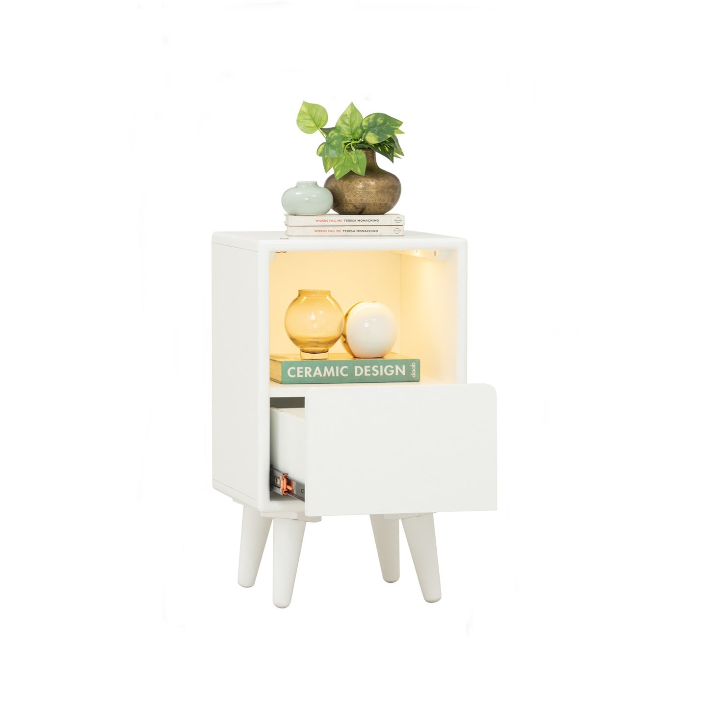 YARA Bed Side Table - White (With 1 Drawer + LED Light)
